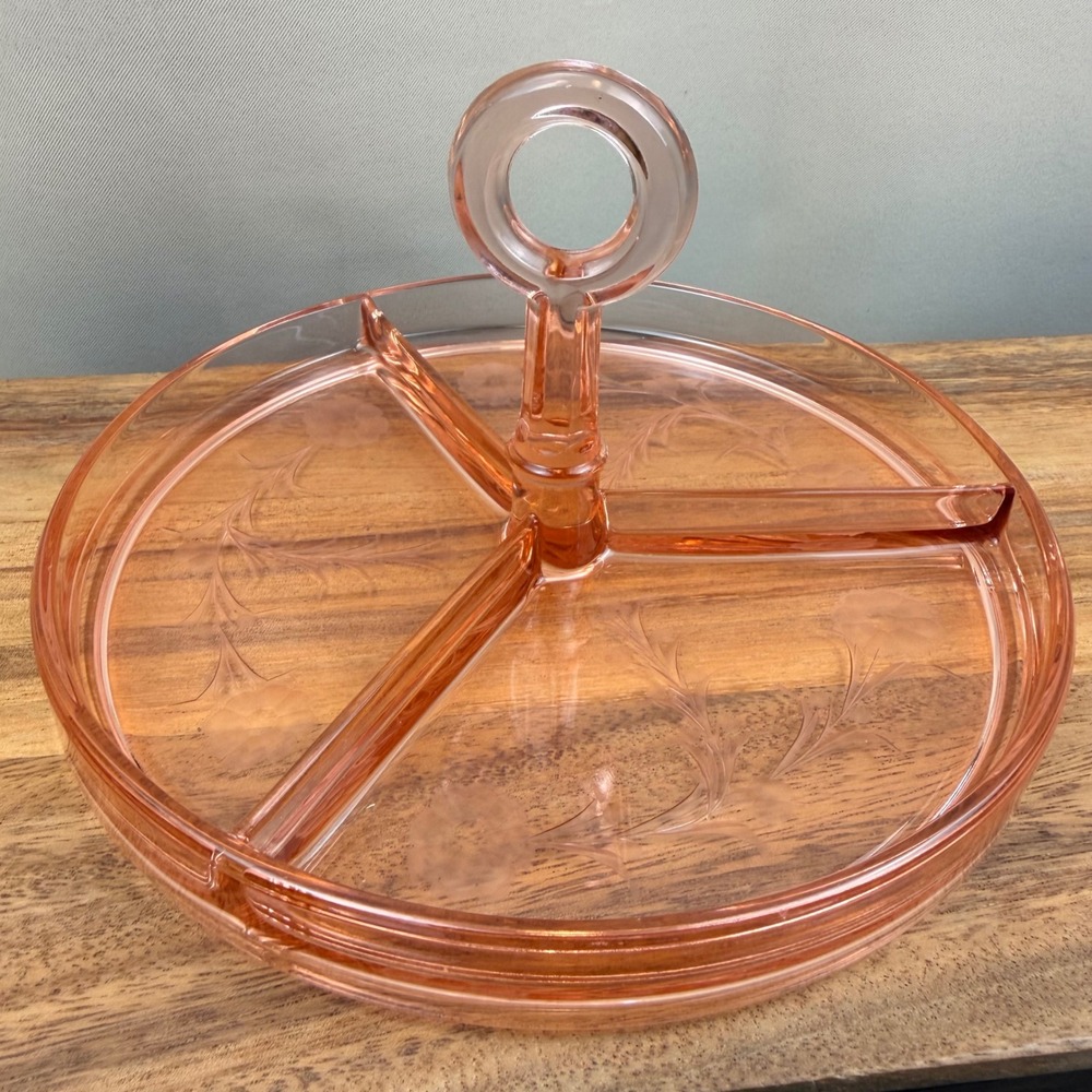 Heisey Yeoman Pink Depression Glass 3 Part Relish Tray Etched Floral 8.5"